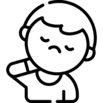 Black-and-white illustration of a person experiencing neck pain or stiffness.