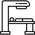 A line-style icon of a chiropractic treatment table with an overhead light, symbolizing chiropractic care and patient treatment.